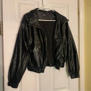 Lulus  Vegan Leather Bomber Jacket Black Zippers Hooded Women’s Small EUC